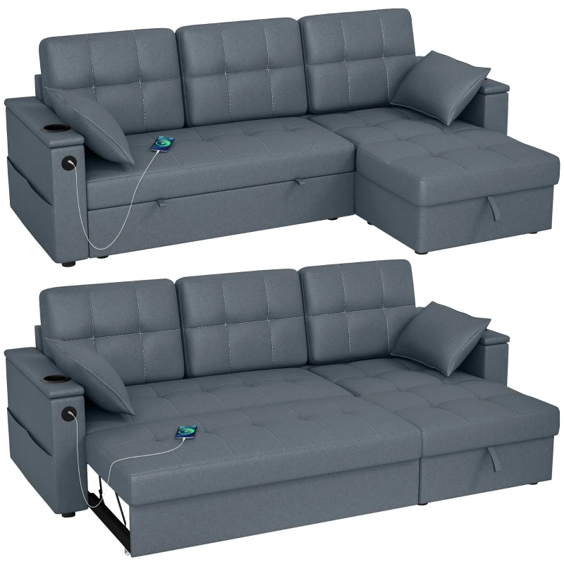 HOMCOM Convertible Sectional Sofa Bed, Pull Out Sleeper Sofa Couch with USB‑A+C, Chaise Storage, L-Shaped Futon Couch, Dark Grey