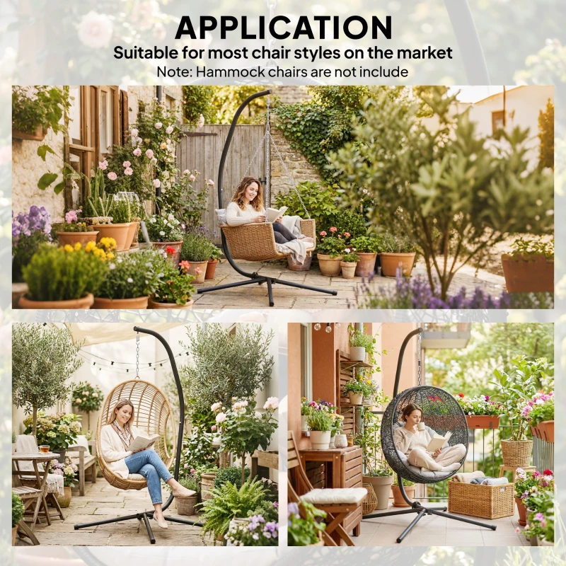 Outsunny Hanging Egg Chair Stand Only, Heavy Duty Hammock Chair Stand, 330lbs Weight, Black