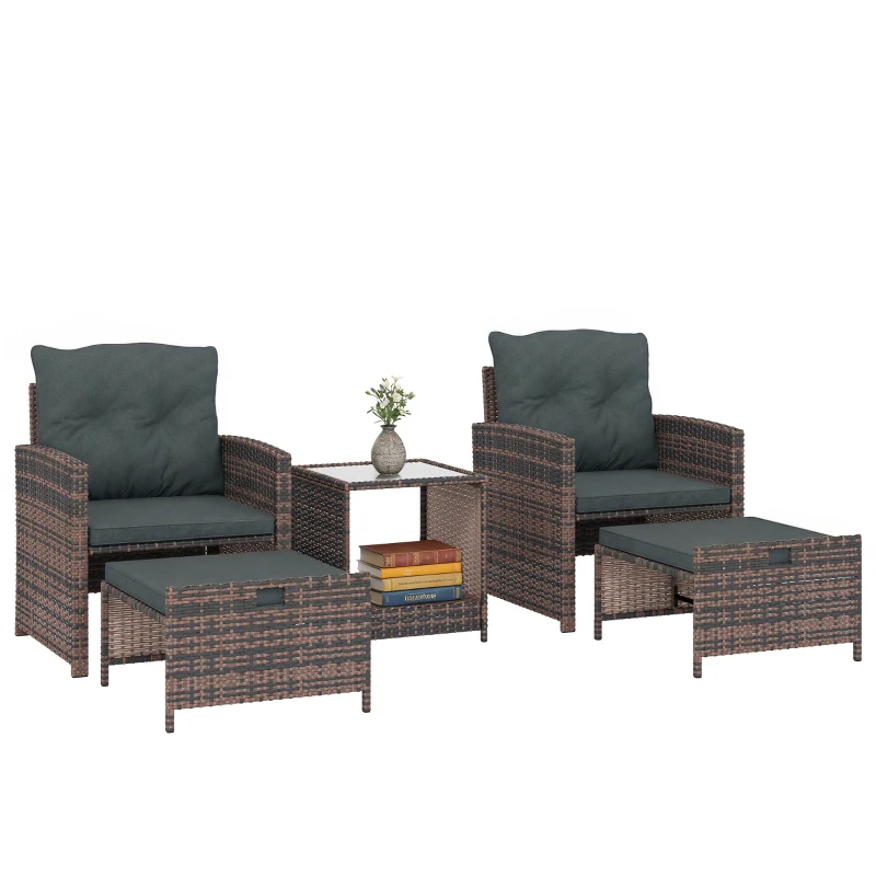 Outsunny 5 Piece Patio Furniture Set, Wicker Patio Chairs with Ottomans, 2-Tier Glass Coffee Table and Cushions, Brown/Dark Grey