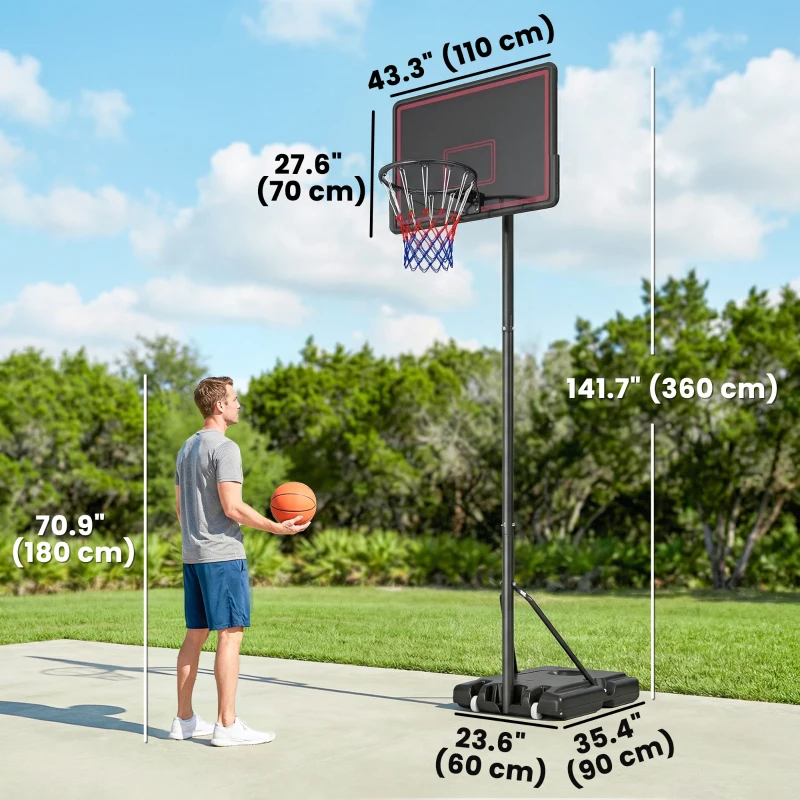 Soozier Portable Basketball Hoop Outdoor, 4.4-10ft Adjustable Height Basketball Goal with Wheels, Fillable Base and Sandbag