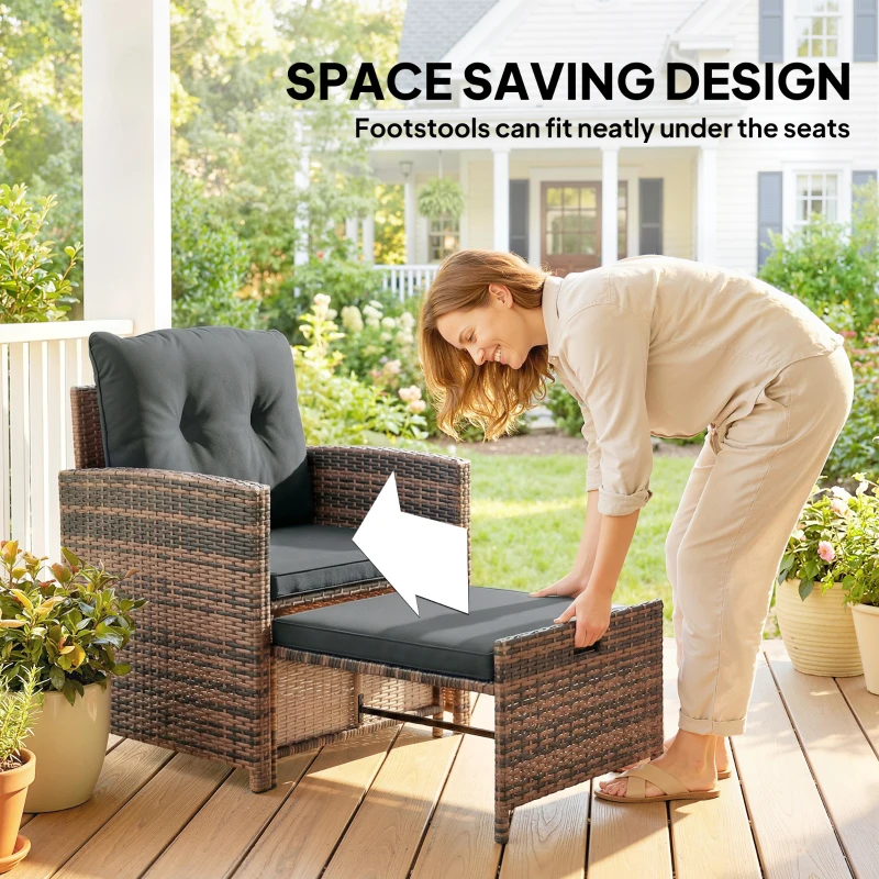 Outsunny 5 Piece Patio Furniture Set, Wicker Patio Chairs with Ottomans, 2-Tier Glass Coffee Table and Cushions, Brown/Dark Grey