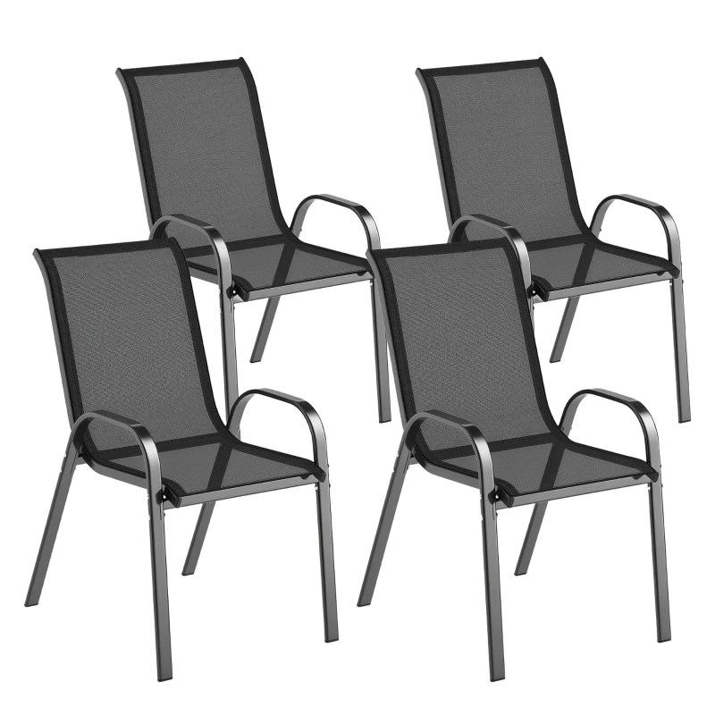 Outsunny Set of 4 Outdoor Dining Chairs, Stackable Lawn Chairs with High Back, Breathable Mesh Seat for Garden Porch, Black