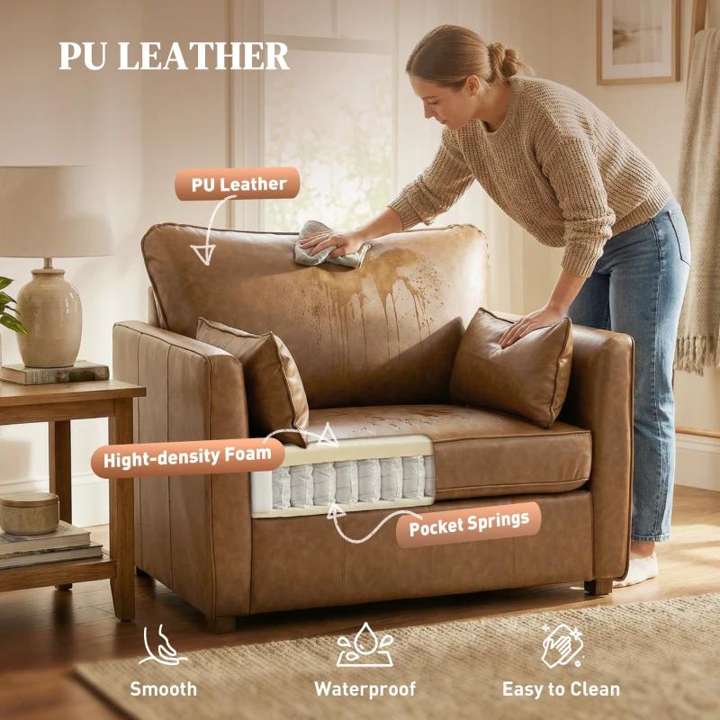 HOMCOM Accent Chair, PU Leather Armchair with Wide Seat, Spring Cushion, Rubberwood legs, 2 Pillows, Brown