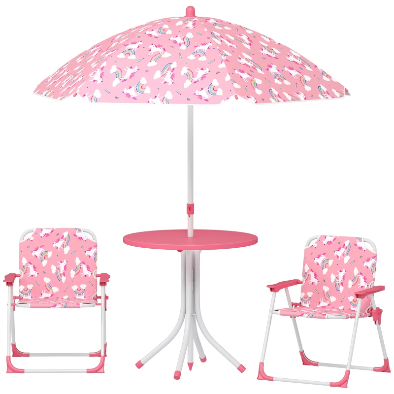Qaba Kids Picnic Table, Kids Table and Chair Set with 2 Folding Chairs and Umbrella for Backyard, Garden, Patio, Pink
