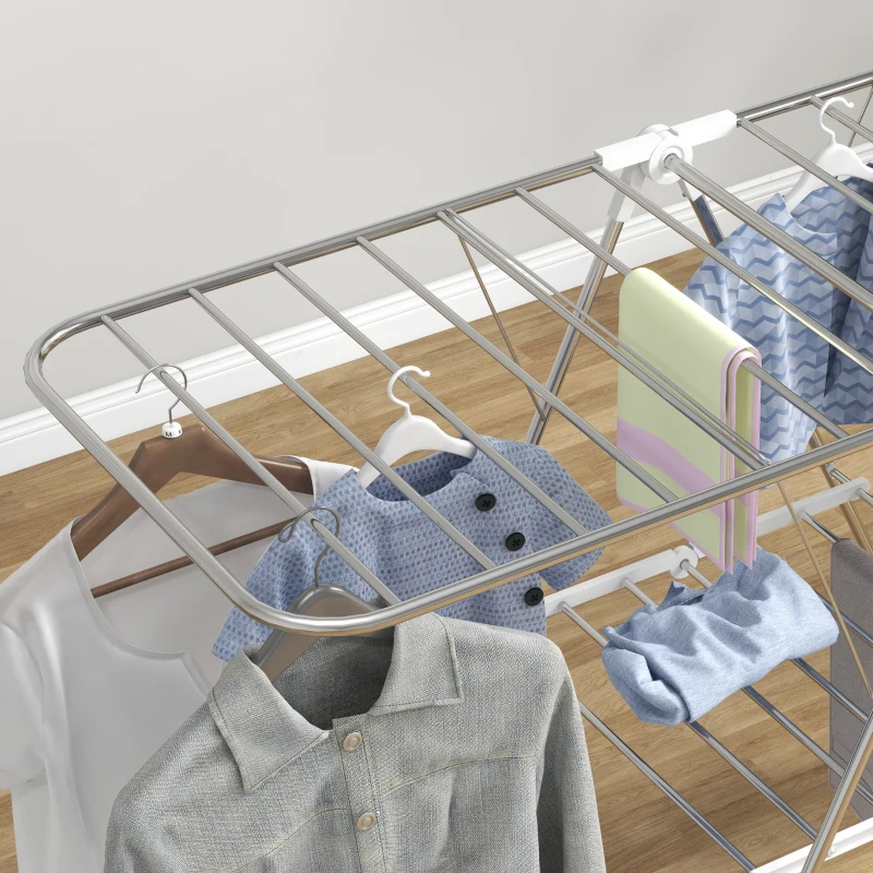 HOMCOM Clothes Drying Rack, 2-Tier Stainless Steel Foldable Laundry Rack with Adjustable Wings and Shoe Holders, Silver