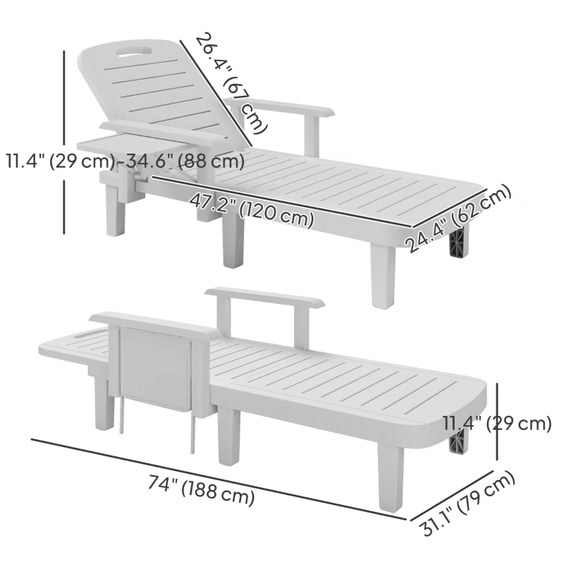 Outsunny Set of 2 Tanning Chair, 5 Positions Adjustable Outdoor Lounge Chairs with Foldable Side Table, White