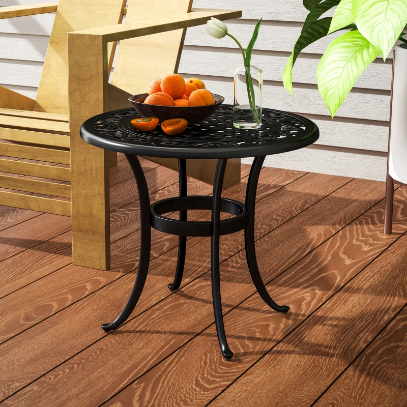 Outsunny Ф23.6" Round Outdoor Side Table, Cast Aluminum Frame Patio Coffee Side Desk for Patio, Garden, Balcony, Black