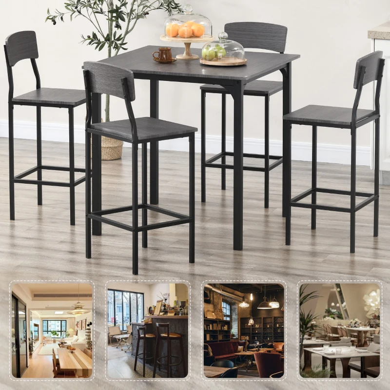 HOMCOM 5-Piece Counter Height Bar Table with Space-Saving Design, Square Kitchen Table and Chairs Set with Footrest, Metal Legs, Industrial Dining Table Set for 4, Gray