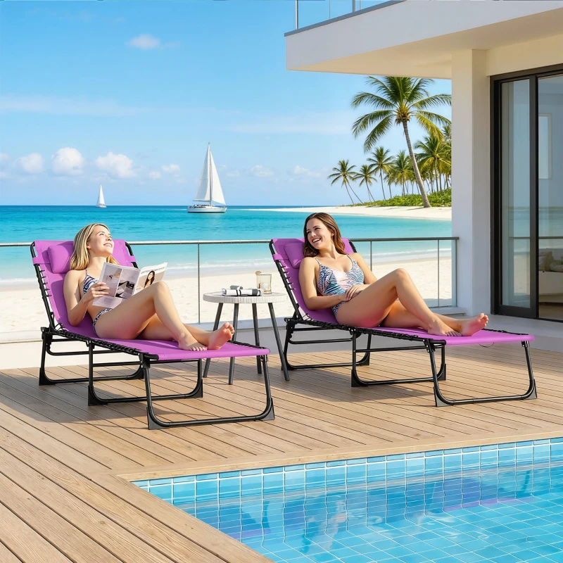 Outsunny 2 Folding Chaise Lounge Pool Chairs with 4-Position Reclining Back, Pillow, Breathable Mesh & Bungee Seat, Purple