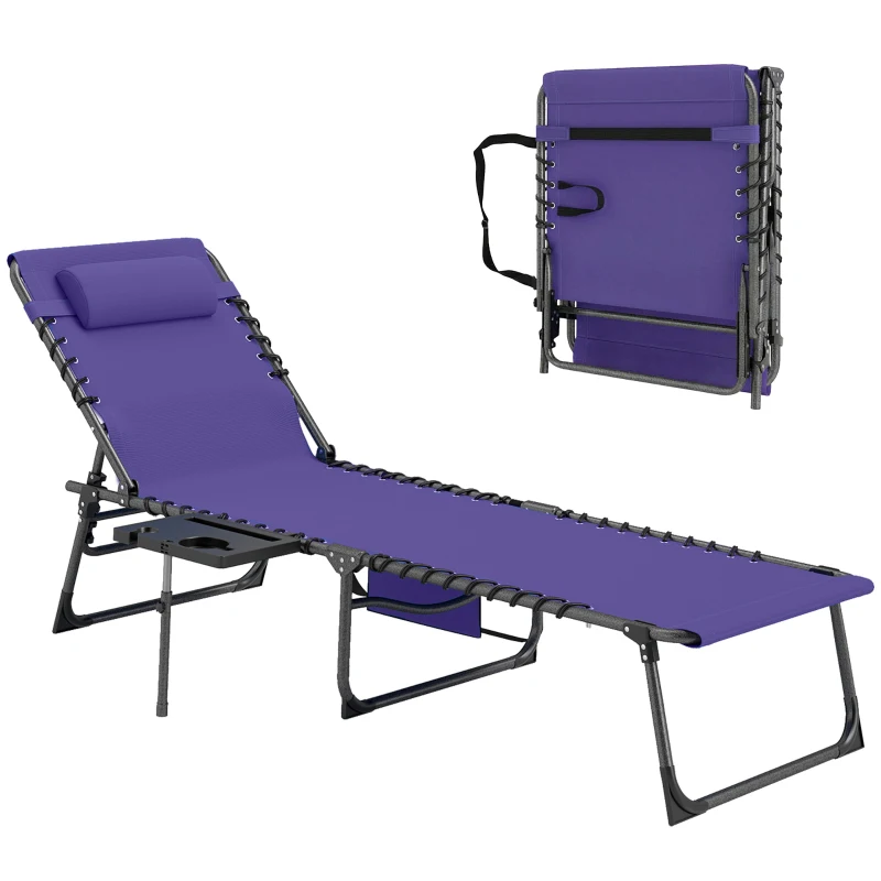 Outsunny Folding Outdoor Chaise Lounge Chair Tanning Chair with 5-Level Adjustable Back, Side Table, Pillow, Pocket, Purple