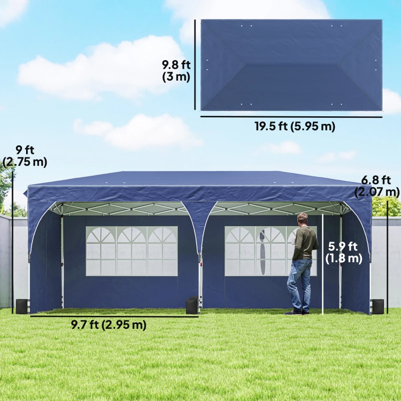 Outsunny 10 x 20 ft Pop Up Canopy Tent with Reflective Strips, UPF 50+ Easy up Instant Canopy with 6 Sanbags, Dark Blue