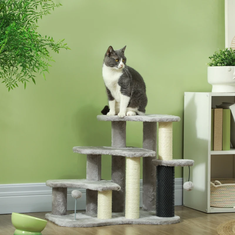 PawHut 2 in 1 Cat Tree Tower 3-Step Pet Stairs with Scratching Posts, Tickling Post, Toy Balls, for High Beds, Couch