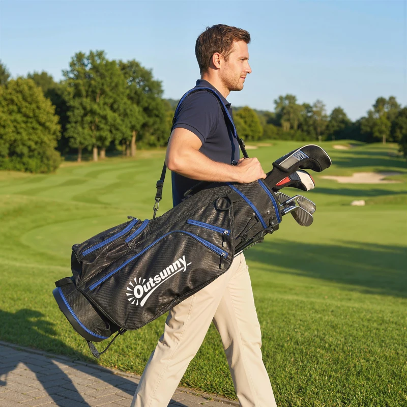 Outsunny Ultra-Lightweight Golf Stand Bag with 6-Way Dividers and Cooler Pocket, All-Weather Men's Golf Bag, Blue