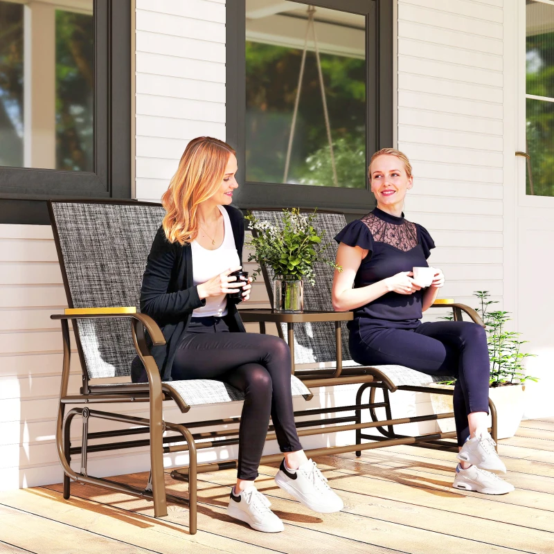 Outsunny Outdoor 2-Person Glider Bench, Outside Swing Glider Chair Loveseat with Breathable Mesh, Table, Steel Frame