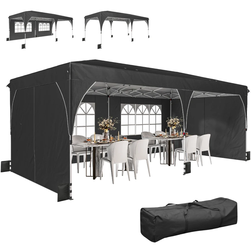 Outsunny 10 x 20 ft Pop Up Canopy Tent with Reflective Strips, UPF 50+ Easy up Instant Canopy with 6 Sanbags, Black