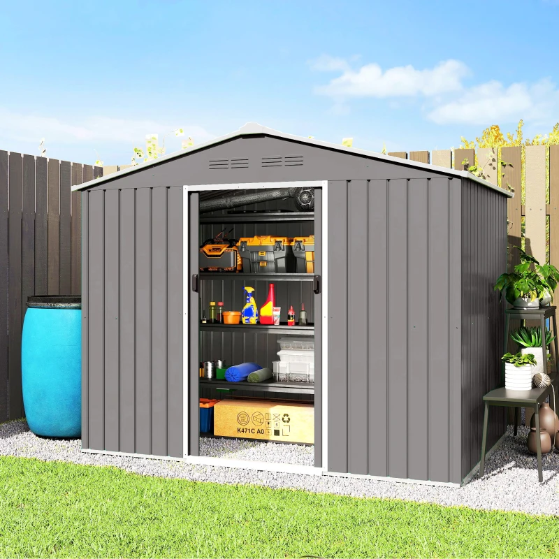 Outsunny 8' x 6' Outdoor Storage Shed, Metal Garden Tool Storage House with Lockable Sliding Doors and Vents, Light Grey