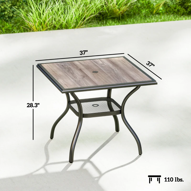 Outsunny 37" Square Outdoor Dining Table for 4, Patio Table with Umbrella Hole, Shelf, Faux Wood Top for Garden, Backyard, Gray