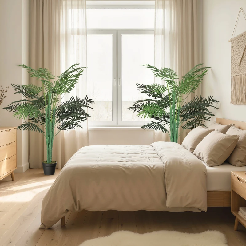 Outsunny 5FT Artificial Palm Tree Set of 2, Fake Tropical Tree with Lifelike Leaves, Faux Plant in Pot for Indoor Decoration, Green