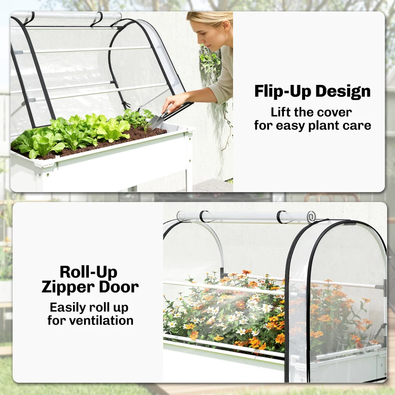 Outsunny Raised Garden Bed with Flip-Up Greenhouse Cover, Metal Elevated Garden Bed with Legs and Drainage Hole, White