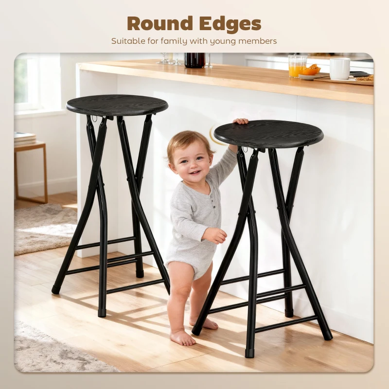 HOMCOM Set of 2 Foldable Barstools, Counter Height Bar Stools with Footrest and Steel Legs for Kitchen Island, Black