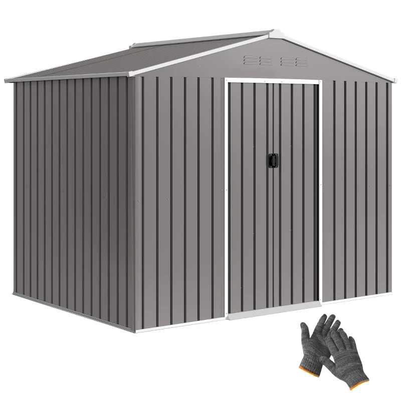 Outsunny 8' x 6' Outdoor Storage Shed, Metal Garden Tool Storage House with Lockable Sliding Doors and Vents, Light Grey