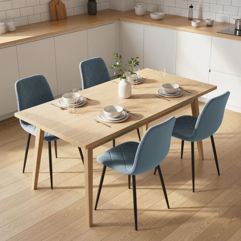 HOMCOM Dining Chairs Set of 4, Upholstered Dining Room Chairs with Steel Legs, Modern Kitchen Chair for Dining Room, Light Blue