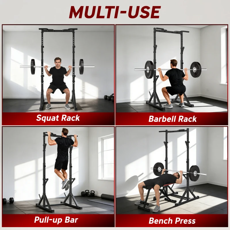 Soozier Adjustable Squat Rack, Multi-Function Bench Press Rack with Weight Plate Holders and Pull up Bar, Black