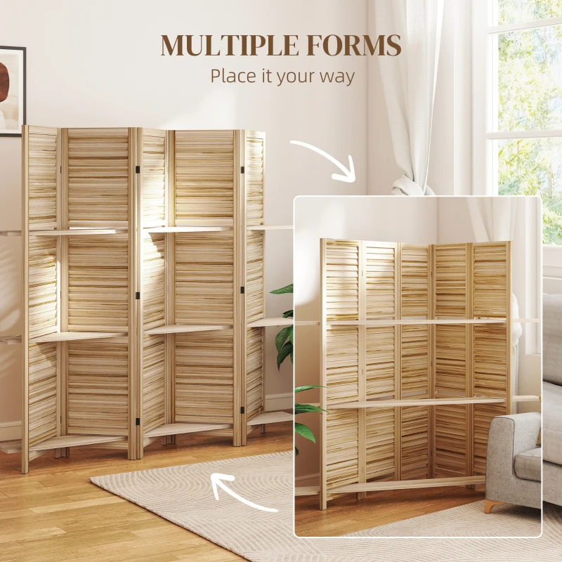 HOMCOM 5 Panel 67" Tall Wood Privacy Screen Room Divider with 3 Shelves and Folding Storage for Bedroom, Natural Wood