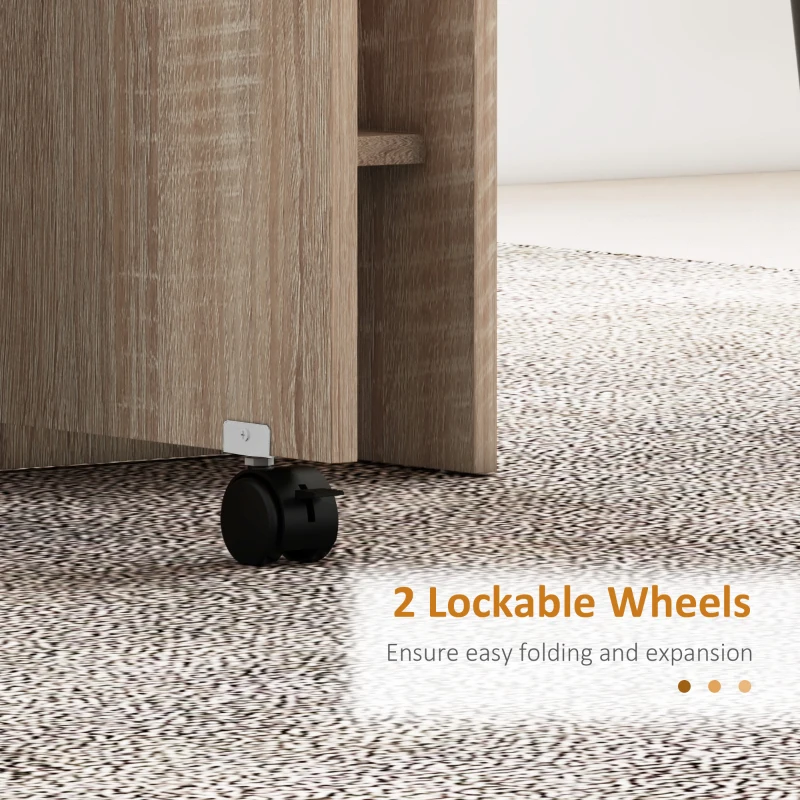 HOMCOM Extendable Dining Table, Collapsible Folding Table w/ 2-tier Shelves and Rolling Casters, Nature Wood