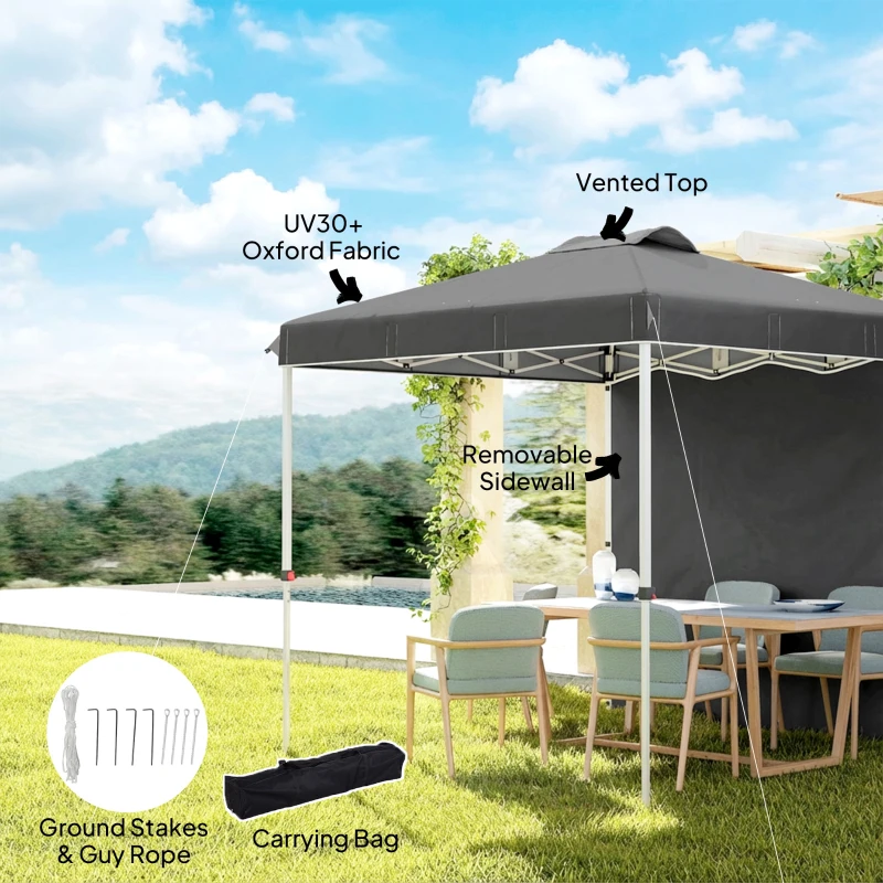 Outsunny 8 x 8 ft Pop Up Canopy with 1 Sidewall, Carry Bag and 4 Sand Bags, Height Adjustable Instant Sun Shelter, Dark Grey