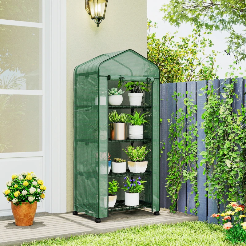 Outsunny Portable Greenhouse, Outdoor Hot House Plant Flower Greenhouse with 4 Tier Shelves, PE Cover, Green