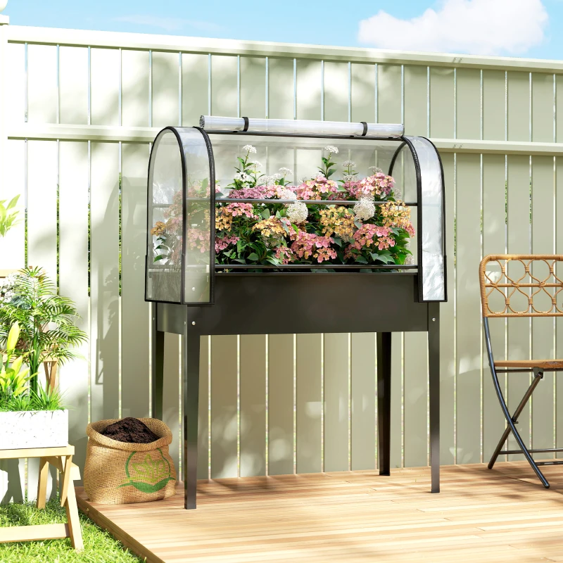 Outsunny Raised Garden Bed with Flip-Up Greenhouse Cover, Metal Elevated Garden Bed with Legs and Drainage Hole, Black