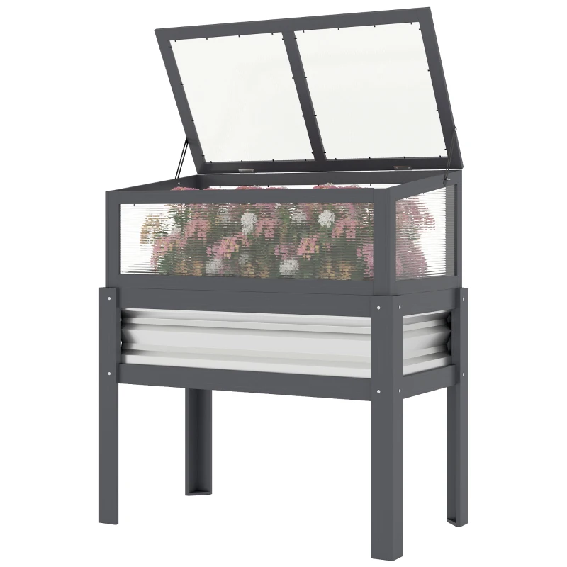 Outsunny Raised Garden Bed with Flip-Up Greenhouse Top, Wooden Elevated Planter Box with Legs and Liner, Grey