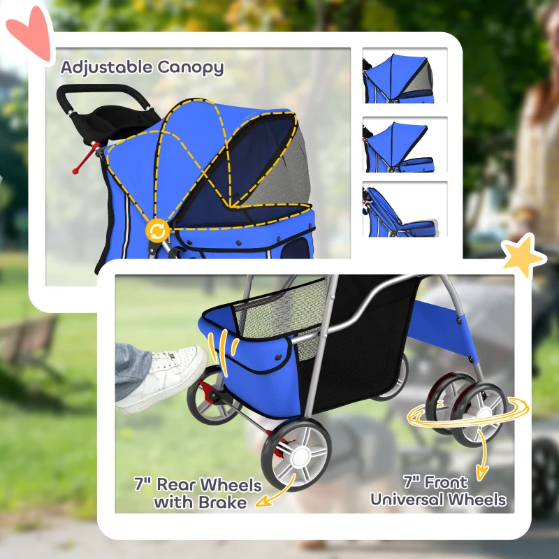 PawHut Pet Stroller with Reflective Strips, Foldable Cat Stroller with 360° Swivel Wheels for Small Dogs and Cats, Blue