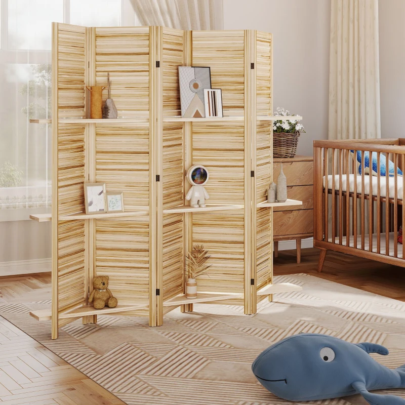 HOMCOM 5 Panel 67" Tall Wood Privacy Screen Room Divider with 3 Shelves and Folding Storage for Bedroom, Natural Wood