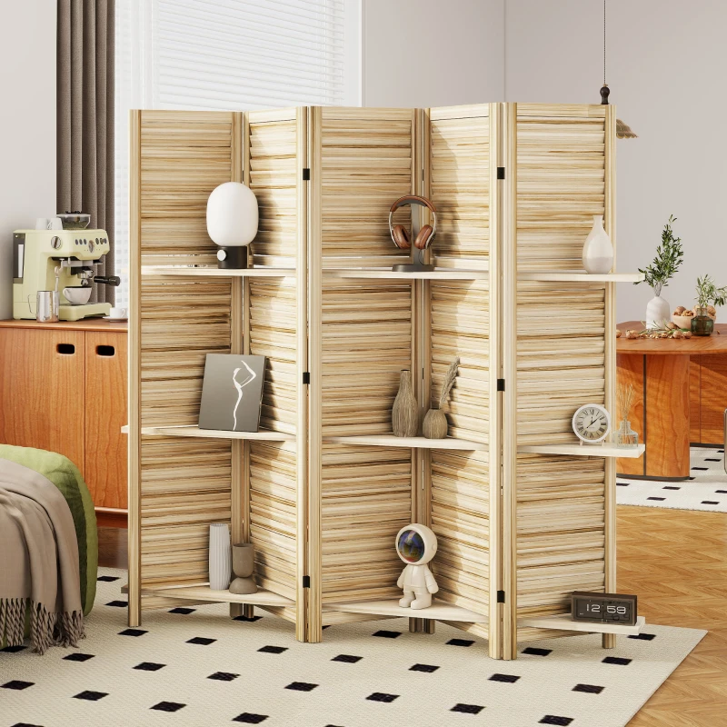 HOMCOM 5 Panel 67" Tall Wood Privacy Screen Room Divider with 3 Shelves and Folding Storage for Bedroom, Natural Wood