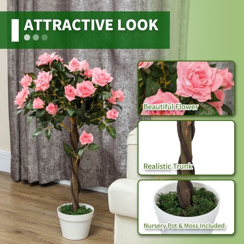 Outsunny 3FT Artificial Plant Pink Rose Floral Set of 2 in Pot, Fake Plant for Home Indoor Decor