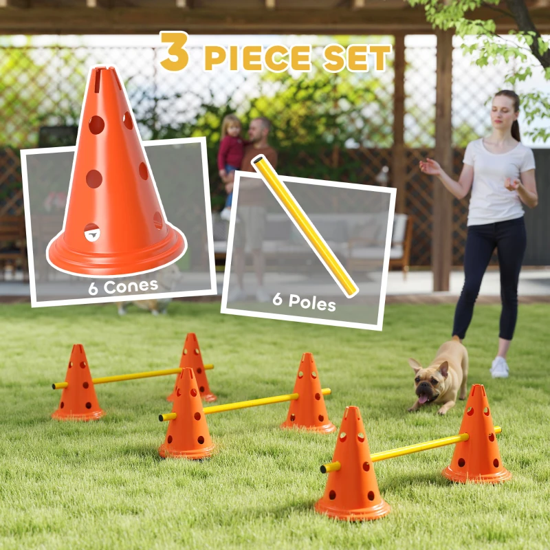 PawHut Dog Agility Hurdle Cone Set, Adjustable Obstacle Course Equipment with 6 Cones & 6 Poles, Carry Bag, Orange