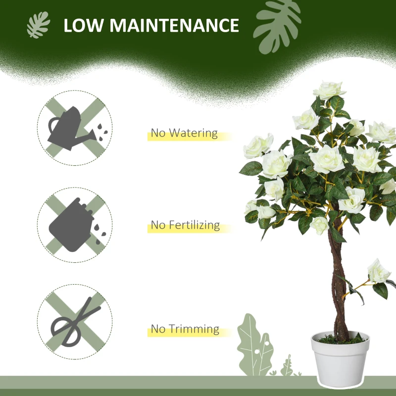 Outsunny 3FT Artificial Plant White Rose Floral in Pot, Fake Plant for Home Indoor Decor