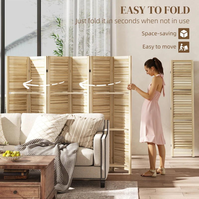HOMCOM 6 Panel 67" Tall Wood Privacy Screen Room Divider with 3 Shelves and Folding Storage for Bedroom, Natural Wood