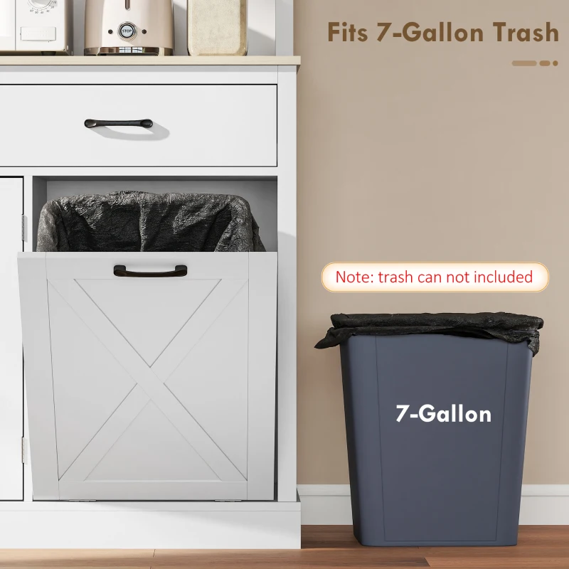 HOMCOM 69" Kitchen Pantry Cabinet with Charging Station Kitchen Cabinet with Microwave Stand 7 Gallon Trash Can Cabinet White