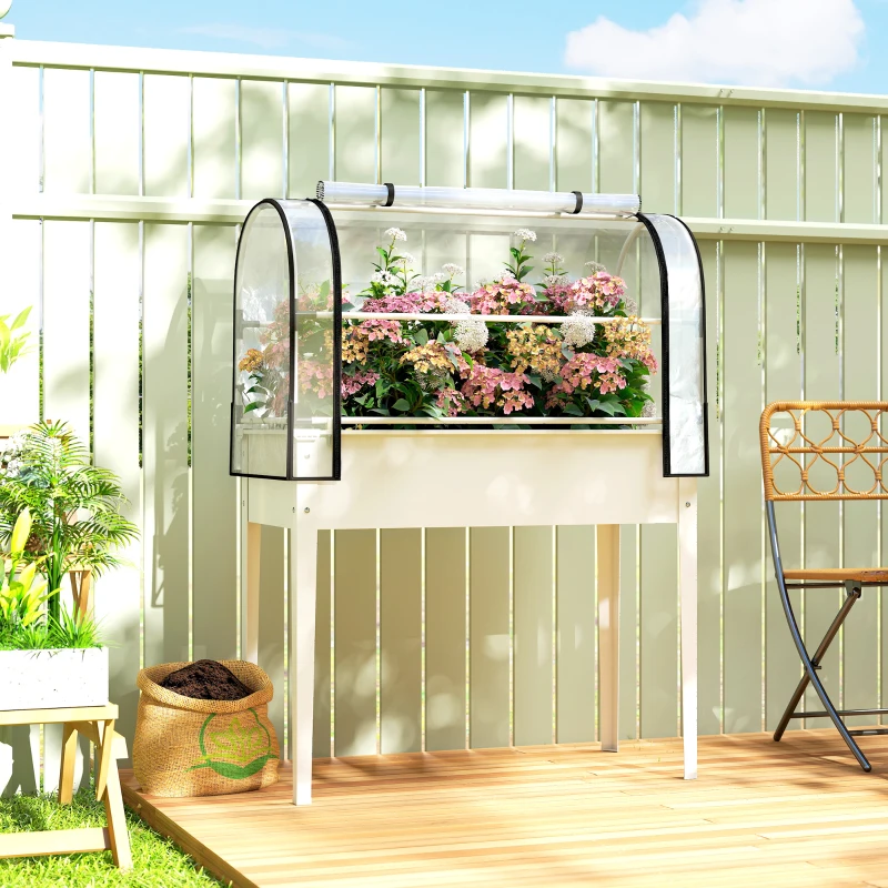 Outsunny Raised Garden Bed with Flip-Up Greenhouse Cover, Metal Elevated Garden Bed with Legs and Drainage Hole, White