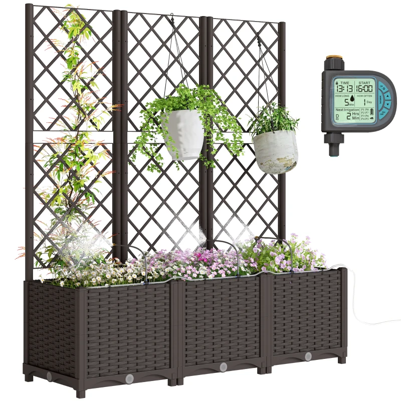 Outsunny 3PCS Plastic Planter Box with Trellis, Self-Watering Raised Garden Bed with Trellis and Automatic Watering Timer Kit