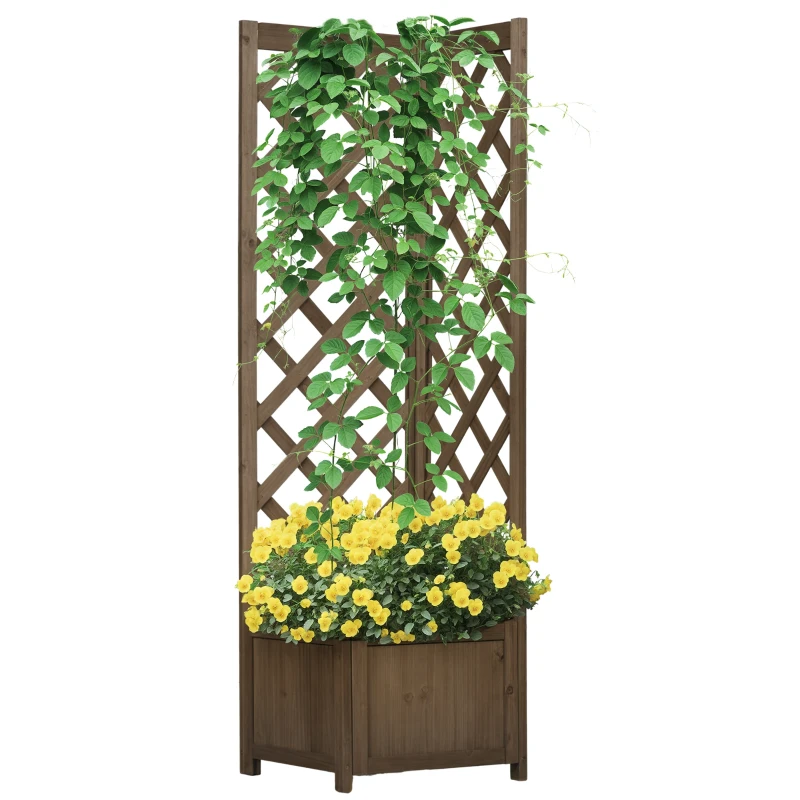 Outsunny Raised Garden Bed Wood Planter with Trellis for Vine Climbing, 16" x 16" x 57", Carbonized