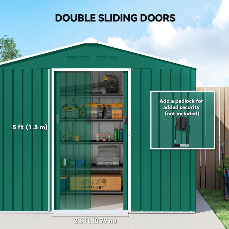 Outsunny 8' x 6' Outdoor Storage Shed, Metal Garden Tool Storage House with Lockable Sliding Doors and Vents, Green