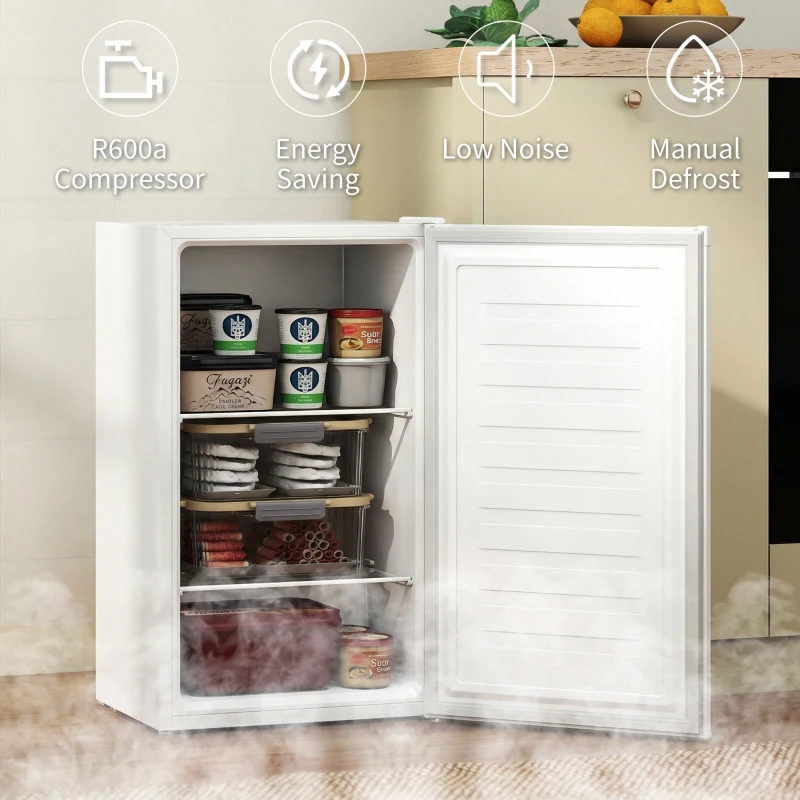 HOMCOM 2.1 Cu. Ft. Mini Freezer, Compact Upright Freezer with Reversible Door, Removable Shelf, Adjustable Temperature, White
