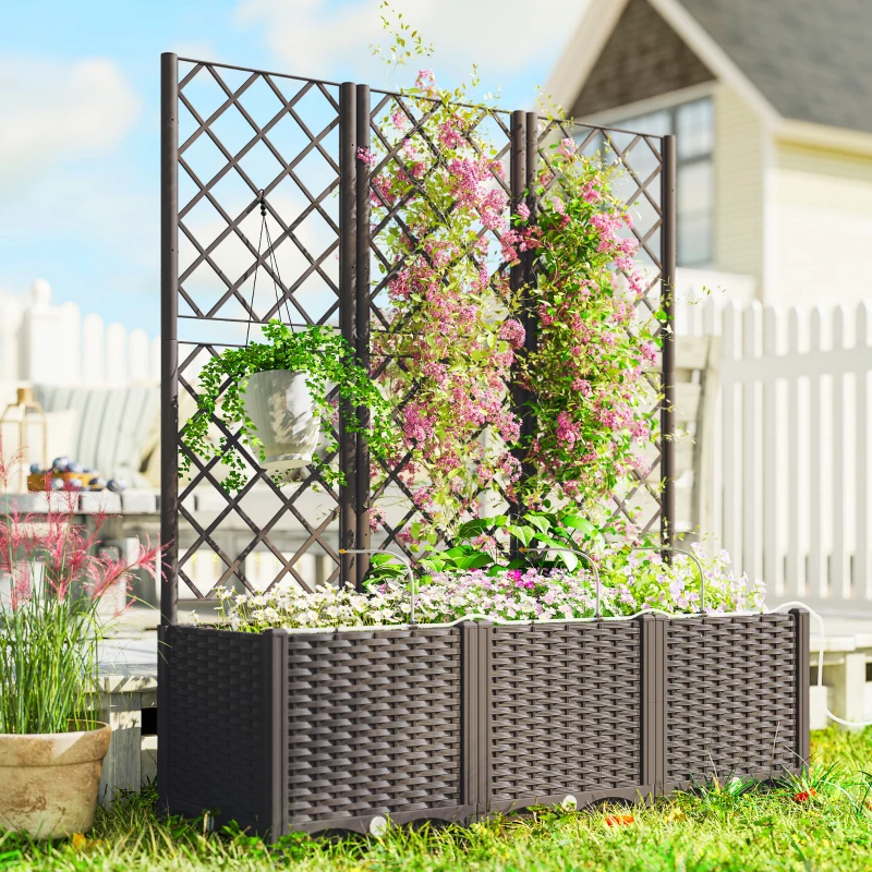 Outsunny 3PCS Plastic Planter Box with Trellis, Self-Watering Raised Garden Bed with Trellis and Automatic Watering Timer Kit