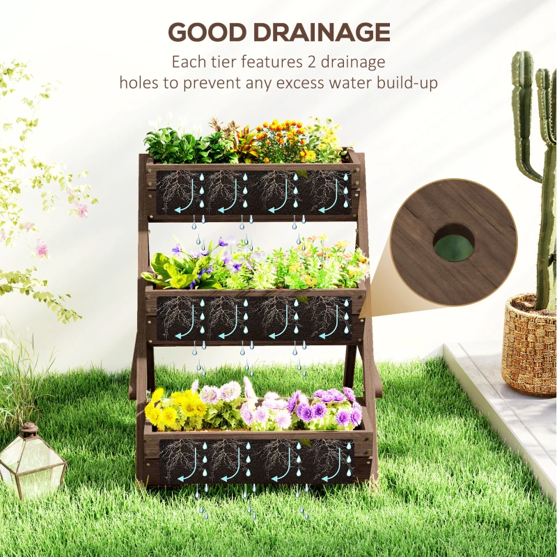 Outsunny 3 Tier Elevated Planter Box, Vertical Wooden Raised Garden Bed for Flowers, Vegetables, 26" x 30" x 30", Carbonized