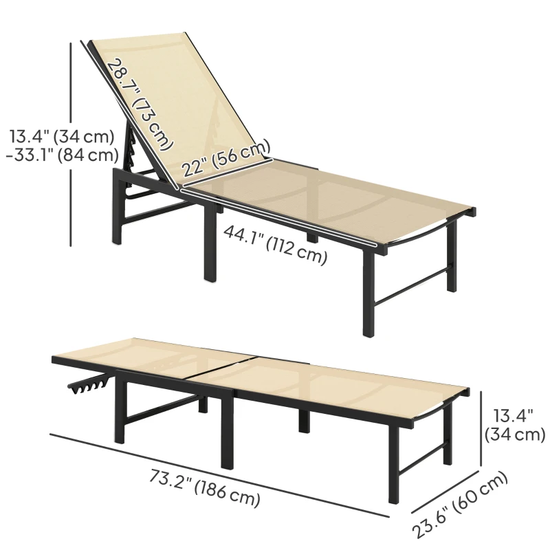Outsunny Outdoor Lounge Chair Set of 2, 5-Position Reclining Outdoor Chaise Lounge Tanning Chair with Mesh Seat, Khaki