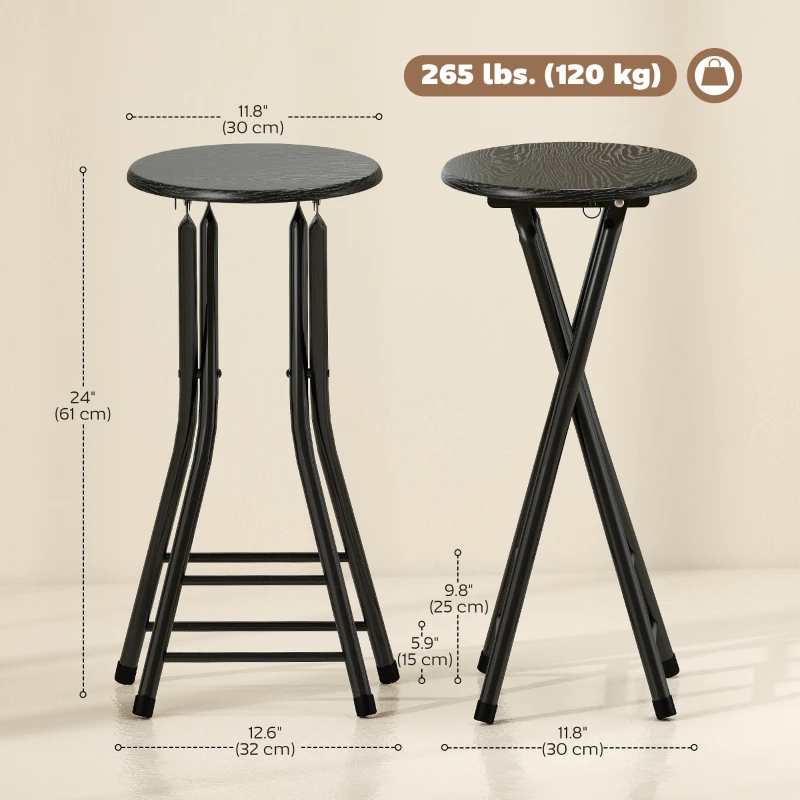 HOMCOM Set of 2 Foldable Barstools, Counter Height Bar Stools with Footrest and Steel Legs for Kitchen Island, Black